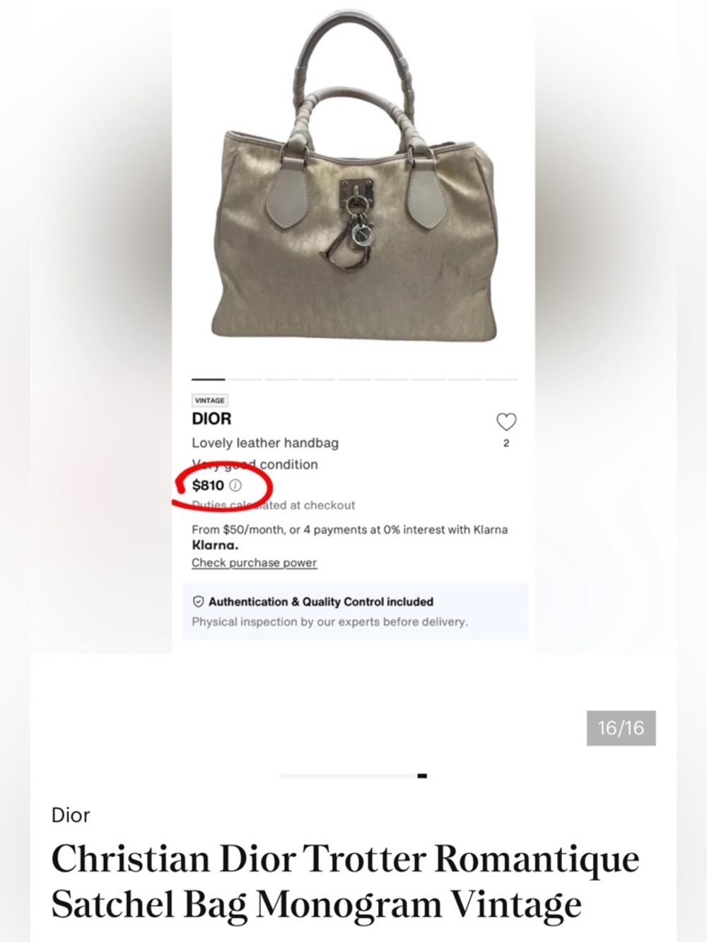 Christian Dior Vintage Trotter‎ Romantique Satchel Bag Monogram Beige COA-Posh - Picture 12 of 14